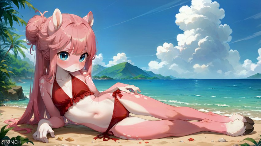 anthro beach bikini blue_eyes blue_sky blush clothing cloud day female fur hair hooves long_hair looking_at_viewer mountains multicolored_body multicolored_fur navel outside palm_tree pink_body pink_fur pink_hair plant red_bikini red_clothing rock sand sea seaside shy side-tie_bikini sky solo spots spotted_body spotted_fur swimwear tree two_tone_body two_tone_fur unguligrade water wave sponch asterozoan echinoderm equid equine horse mammal marine pony starfish absurd_res hi_res watermark