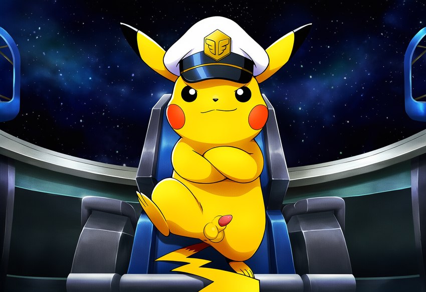animal_genitalia anus balls chair crossed_arms driving furniture genitals headgear male on_chair on_one_leg one_leg_up penis presenting presenting_penis raised_leg sheath smile smiling_at_viewer solo space spacecraft standing tail_down tapering_penis vehicle jomisa nintendo pokemon captain_pikachu generation_1_pokemon pikachu pokemon_(species)