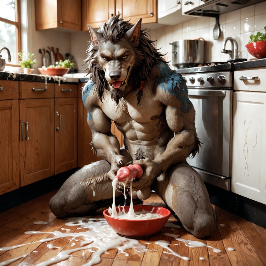 abs animal_genitalia animal_penis anthro bodily_fluids bowl brown_body brown_fur canine_penis container cum cum_in_bowl cum_on_ground excessive_cum excessive_genital_fluids fangs food_bowl fur genital_fluids genitals grey_body grey_fur kitchen kneeling knot looking_at_viewer male mane muscular nipples on_ground penis pet_bowl pubes solo spread_legs spreading tattoo tongue director_footlover95 canid mammal were werecanid worgen absurd_res hi_res