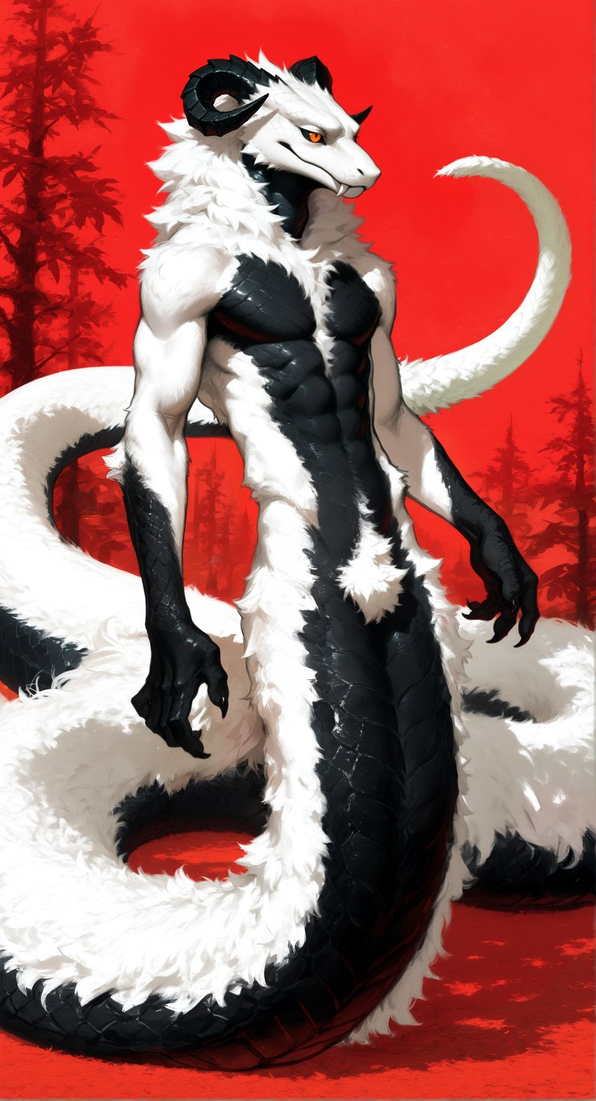 5_fingers anthro apode athletic athletic_male belly black_belly black_body black_scales black_sclera chest_tuft claws crotch_tuft fangs featureless_chest fingers fluffy fur horn legless long_tail looking_away male neck_fluffy neck_tuft nude orange_eyes plant red_background ridged_horn scales serpentine simple_background solo tree tuft two-tone_body white_body white_tuft oldhroft snow_(oldhroft) draconcopode furred_snake hybrid naga reptile scalie snake absurd_res detailed hi_res shaded soft_shading