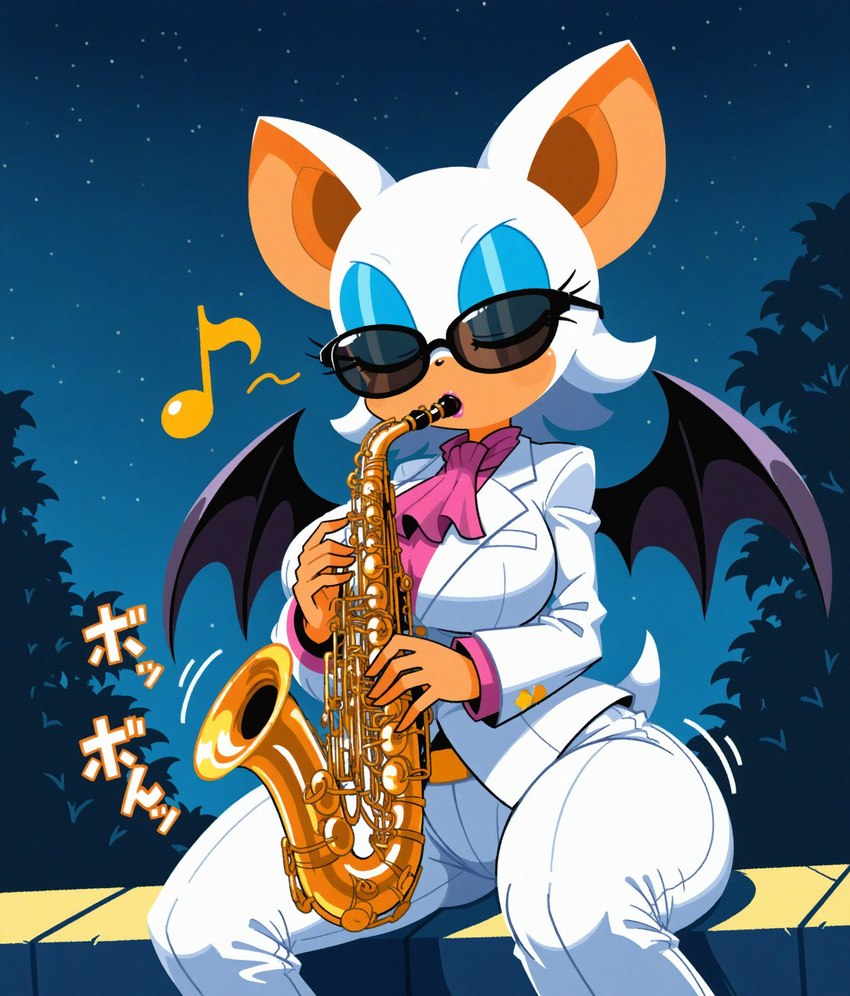 anthro breasts clothing eyeshadow eyewear female makeup musical_instrument night sitting solo suit sunglasses tan_body tan_skin wings unknown_director sonic_the_hedgehog_(series) rouge_the_bat chiropteran mammal absurd_res hi_res