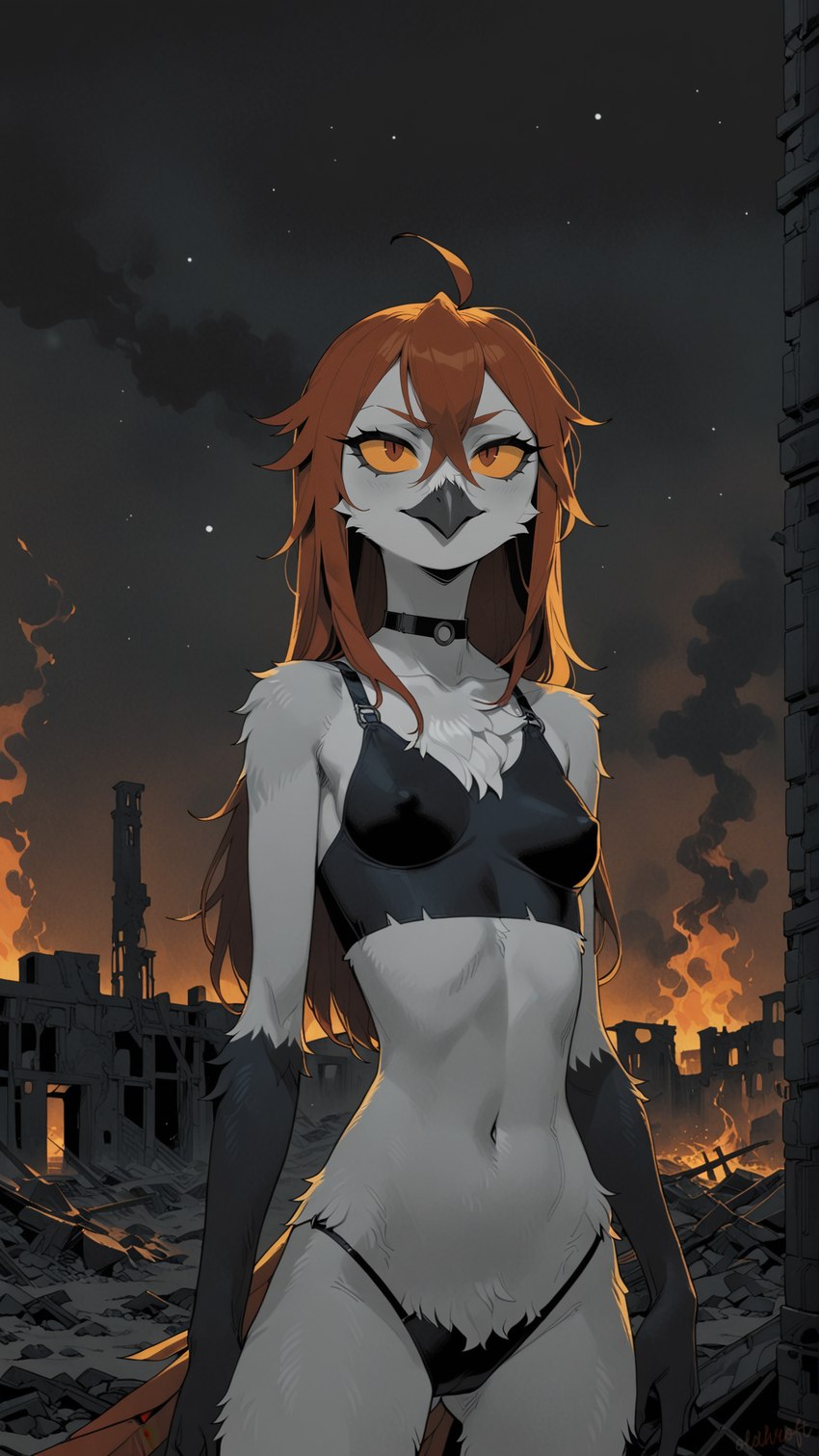 anthro beak bra breasts chest_tuft choker clothing feathers female fire hair jewelry long_hair messy_hair necklace night night_sky nipple_outline orange_eyes orange_sclera pupils red_hair ruins slim slit_pupils small_breasts solo standing tail_feathers thong tuft underwear white_body oldhroft avian bird owl hi_res