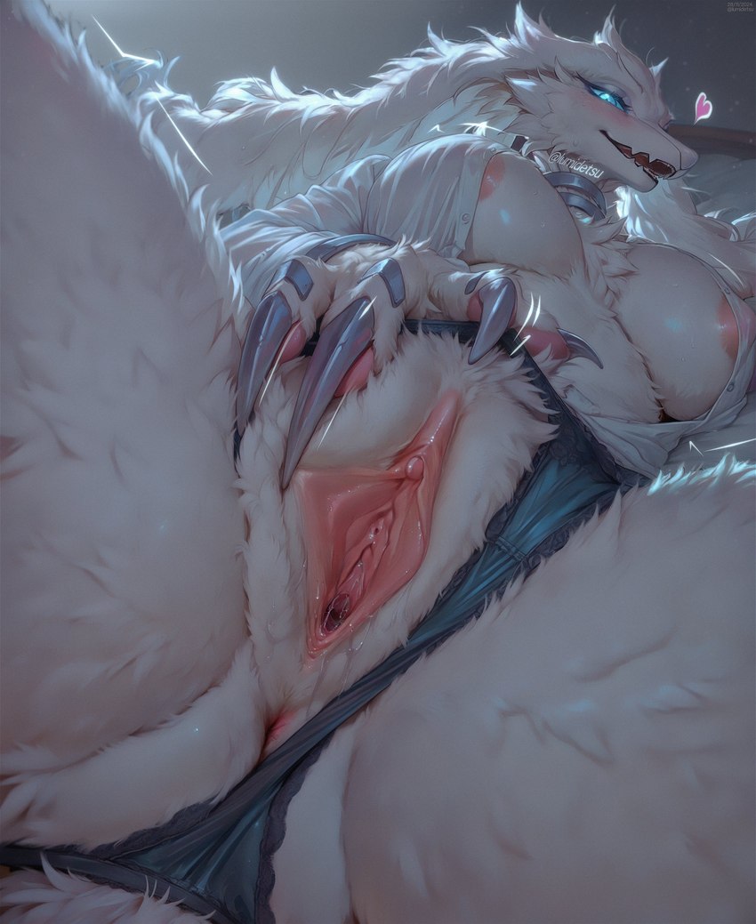 anthro anus areola big_breasts blue_eyes blush bodily_fluids breasts close-up clothing clothing_aside female fur genital_fluids genitals low-angle_view panties panties_aside presenting presenting_pussy pussy smile solo spread_pussy spreading underwear underwear_aside white_body white_fur lumidetsu nintendo pokemon generation_5_pokemon legendary_pokemon pokemon_(species) reshiram absurd_res hi_res signature watermark