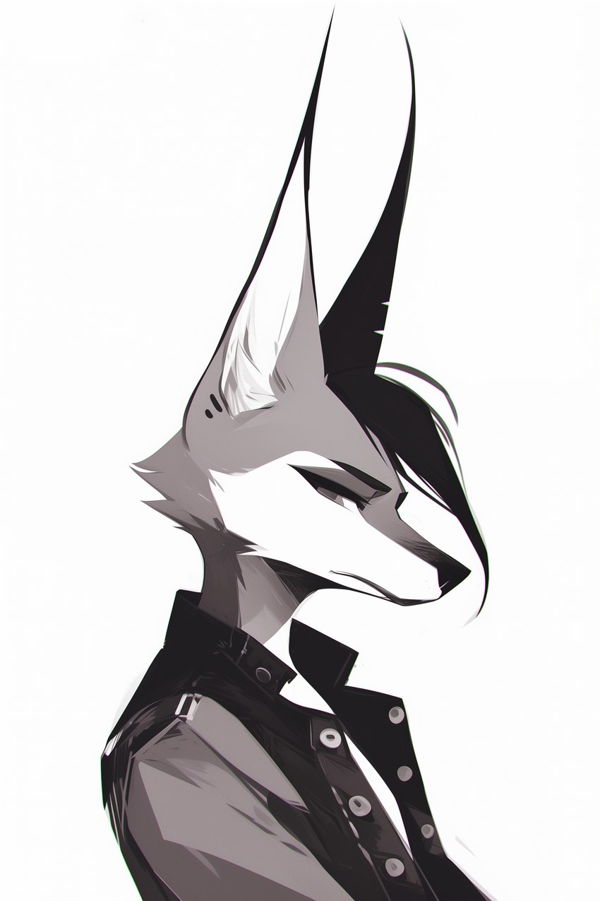 anthro big_ears black_hair black_nose chromatic_aberration clothing ear_piercing eyebrows goth grey_body hair inner_ear_fluff male notched_ear piercing solo solo_focus topwear tuft vest sappy_(director) canid canine mammal absurd_res hi_res monochrome