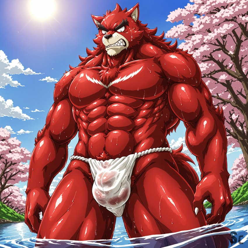 abs angry anthro arms_by_side asian_clothing athletic athletic_male balls_outline bared_teeth bathing belly biceps black_eyebrows black_nose blue_sky bulge cherry_blossom cherry_blossom_tree cherry_tree chest_markings chest_tuft claws clothed clothing cloud compassmix_xl_(model) crotch_tuft day detailed_bulge dripping_wet ear_tuft east_asian_clothing eyebrows fluffy fluffy_tail front_view frown fruit_tree fundoshi fundoshi_only fur furrowed_brow genital_outline glistening glistening_body grass growling japanese_clothing kemono legs_in_water light looking_at_viewer looking_down low-angle_view male manly markings muscular muscular_male nature neck_tuft outdoors outside pecs plant quads red_belly red_body red_fur ripples river sky solo standing sun sunlight teeth translucent translucent_clothing translucent_underwear tree triceps tuft underwear underwear_only water wet wet_body wet_fur whisker_spots scoutr canid canine canis mammal wolf cel_shading hi_res shaded watermark