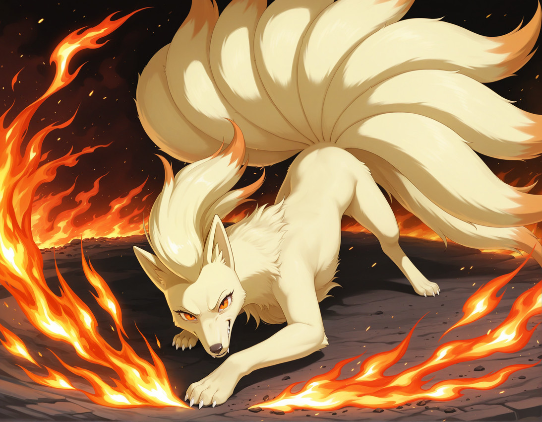 ambiguous_gender black_nose canine_ears canine_nose canine_teeth chest_tuft claws digitigrade eyelashes feral fire flame fluffy fluffy_tail fur grin grinning_at_viewer hair looking_at_viewer mane mane_hair multi_tail narrowed_eyes orange_body orange_eyes orange_fur paws sharp_claws sharp_teeth smile solo tail teeth tuft white_claws notthatclassic nintendo pokemon canid canine canis generation_1_pokemon mammal ninetales pokemon_(species) hi_res