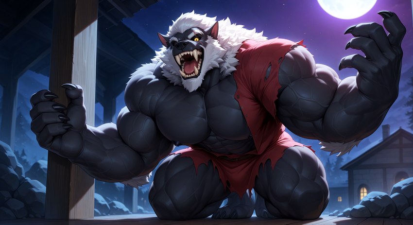 4_toes abs anthro barefoot beard biceps big_fangs big_muscles big_pecs black_body black_skin clothed clothing elbow_tuft eye_scar facial_hair facial_scar feet full_moon fur hair looking_down male moon muscular night on_knees open_mouth outside pecs red_clothing scar sharp_teeth solo teeth toes topless torn_clothing veiny_muscles white_beard white_body white_fur white_hair yellow_eyes vanzilen canid canine mammal were werecanid werecanine werewolf hi_res