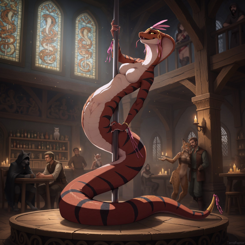 accessory anthro apode balcony belly_scales black_sclera black_stripes bottomless bracelet breasts candle clothed clothing countershading dancing detailed_background ear_piercing ear_ring fangs fantasy featureless_breasts female female_anthro female_human forked_tongue furgonomic genitals halter headdress hood_up inside jewelry legless light light_beam looking_at_viewer male male_anthro male_human medieval mostly_nude nude open_mouth piercing pole pole_dancing pupils pussy red_body red_scales ribbons ring_piercing scales serpentine sitting slit_pupils stage stain_glass stripes sunbeam sunlight tail_accessory tavern teeth tongue tunic white_body white_countershading window_light yellow_eyes terraraptor judgmental_owl avian bird bubo_(genus) canid canine cobra draconcopode felid feline fox human lynx mammal naga owl reptile scalie snake snowy_owl true_owl director_name hi_res