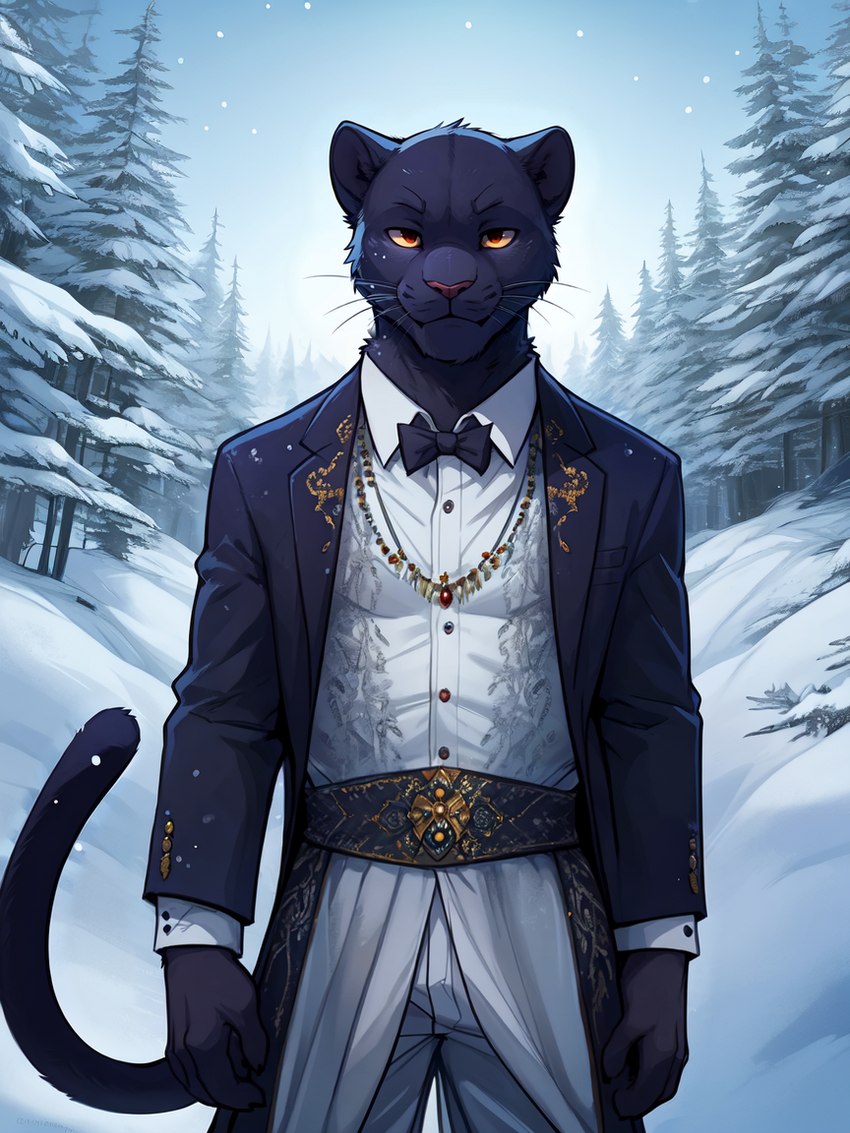 anthro belt black_body black_fur bowtie brown_eyes classy clothing forest fur looking_at_viewer male monotone_body monotone_fur plant smile snow solo standing suit tree winter yellow_sclera hamgas_(director) felid mammal pantherine