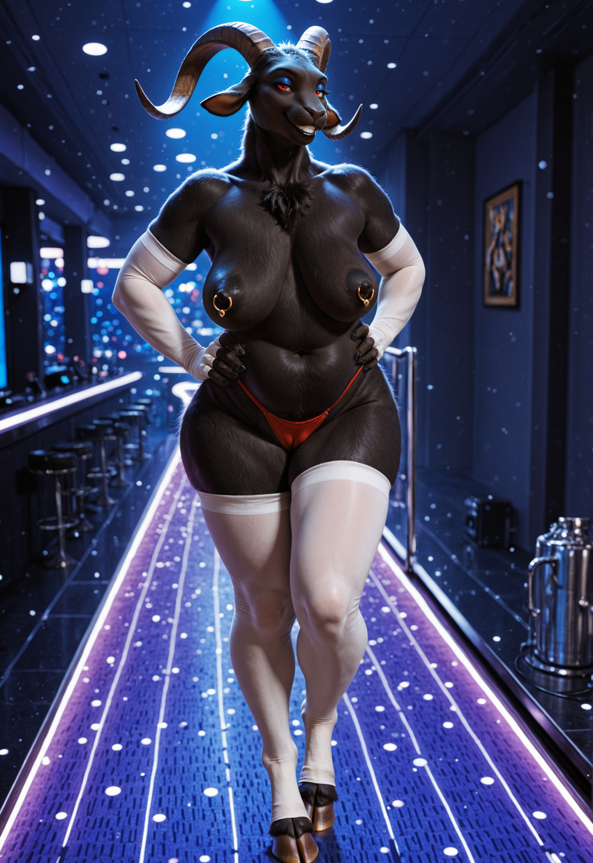 5_fingers anthro areola armwear bar belly big_nipples black_body black_fur black_lips black_nipples breasts camel_toe chest_tuft chubby_female clothing digitigrade elbow_gloves eyelashes eyeshadow female fingerless_gloves fingers fur glistening glistening_body glistening_fur gloves gold_(metal) gold_jewelry grin half-closed_eyes hands_on_hips handwear hooves horn inside jewelry lips looking_at_viewer makeup mature_female medium_breasts muscular_thighs narrowed_eyes navel nightclub nipple_piercing nipple_ring nipples piercing red_eyes ring_piercing sagging_breasts slightly_chubby smile smug smug_face smug_look solo teeth thick_thighs thong tuft underwear walking walking_towards_viewer wide_hips chamir136_(director) bovid caprine goat humanoid mammal full-length_portrait hi_res portrait