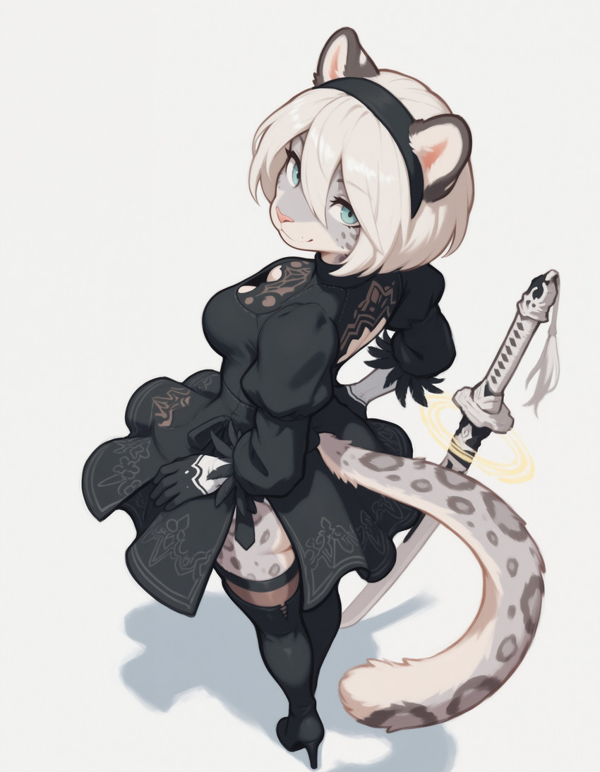 alternate_species anthro black_clothing blue_eyes clothing dress female fluffy fluffy_tail footwear fur furrification grey_body grey_fur high_heels inner_ear_fluff katana legwear looking_at_viewer melee_weapon pink_nose round_ears simple_background solo spots spotted_body spotted_fur stockings sword tuft weapon white_body white_fur verbotenvertex nier_automata yorha_2b felid mammal pantherine snow_leopard 2025 absurd_res hi_res