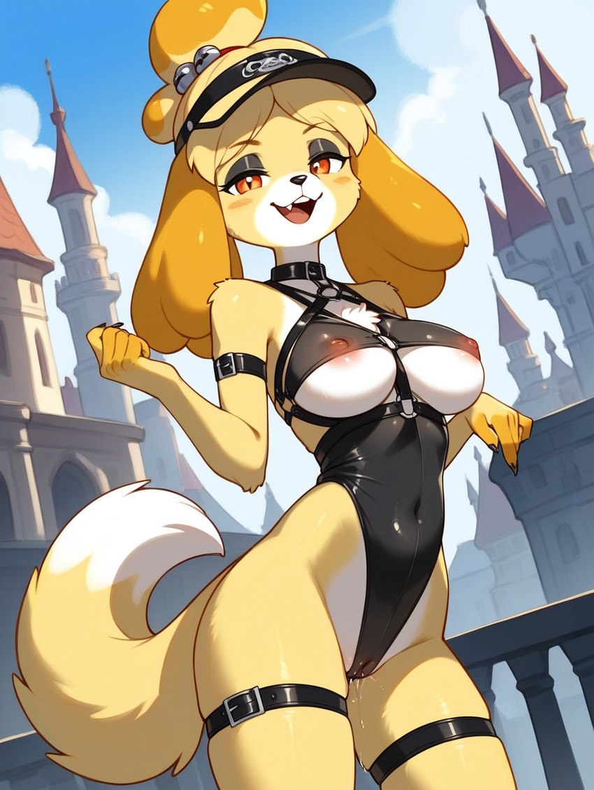 animal_crossing anthro bodily_fluids breasts claws clothing eyeshadow fangs female leotard looking_at_viewer makeup outside solo standing under_boob reythedragon bel isabelle_(animal_crossing) canid canine canis domestic_dog mammal hi_res