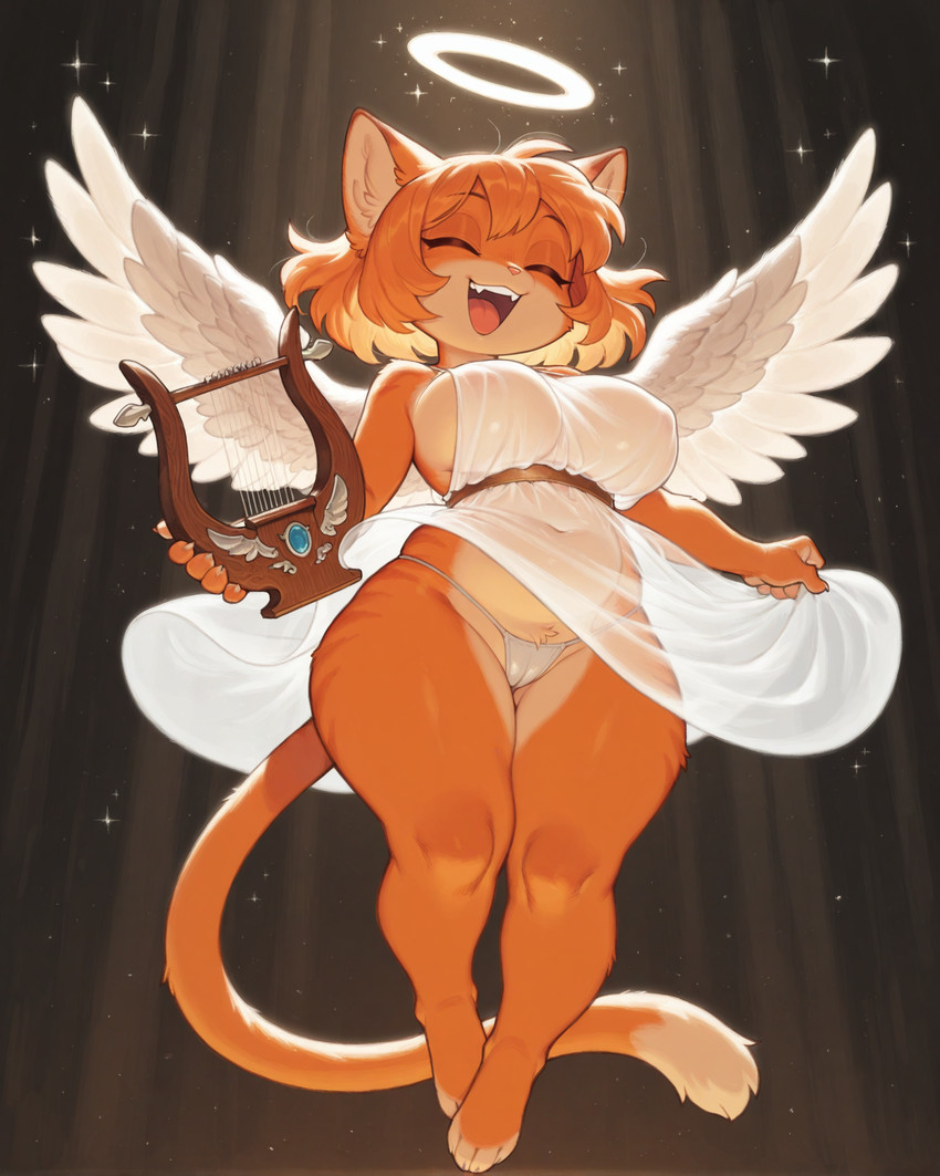 anthro big_breasts breasts camel_toe clothing dark_lighting dress eyes_closed feathered_wings feathers female female_anthro floating fur hair halo holding_object musical_instrument navel open_mouth orange_body orange_fur short_hair short_stack smile solo tail thick_thighs thong translucent translucent_clothing underwear white_clothing white_dress wings goonsmith angel domestic_cat felid feline felis mammal full-length_portrait hi_res portrait