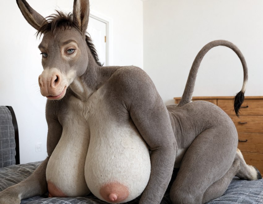 all_fours anthro big_breasts breasts female fur grey_body grey_fur hair hooves mane nipples seductive short_hair solo tail girlswithsnouts asinus donkey equid equine mammal invalid_tag hi_res