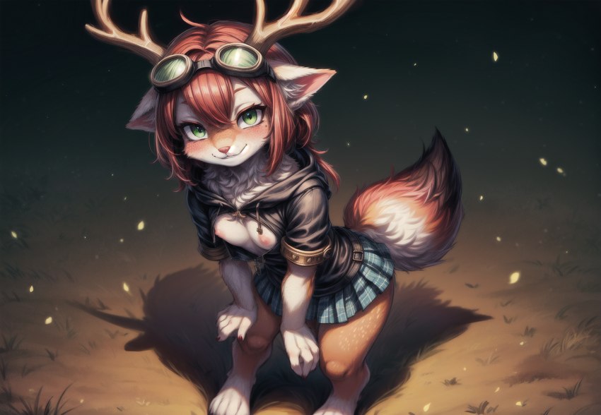 anthro antlers barefoot blue_bottomwear blue_clothing blue_skirt bottomwear breasts brown_clothing clothing exposed_breasts eyewear eyewear_on_head feet female fox_tail goggles goggles_on_head grassland green_eyes hair hoodie horn inner_ear_fluff neck_tuft night pattern_bottomwear pattern_clothing pattern_skirt plaid plaid_bottomwear plaid_clothing plaid_skirt red_hair skirt smile solo topwear tuft view_from_above wardrobe_malfunction aecii_3d rubi_(character) chimera hi_res