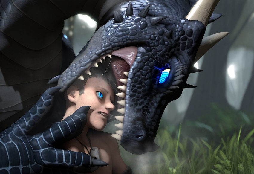 black_body black_scales blue_eyes claws day duo female feral forest forest_background horn hypno_eyes hypnosis male male/female mind_control nature nature_background outside plant scales smoke_from_mouth spines teeth tree vore loganth dragon human mammal