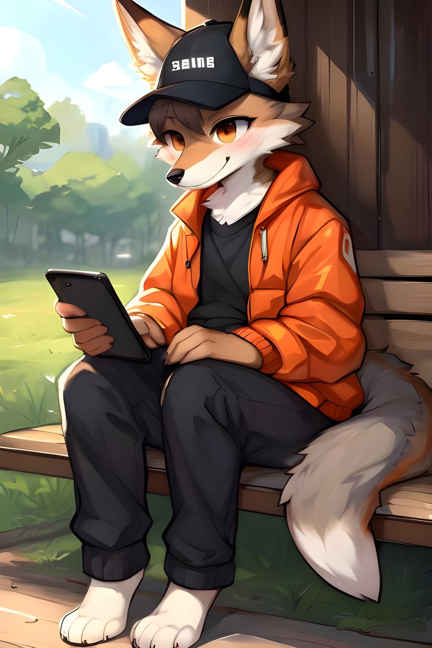 anthro black_clothing clothed clothing fur hair hat headgear headwear male nature orange_clothing orange_eyes phone shirt sitting smile solo solo_focus t-shirt topwear white_body white_fur nikfur canid canine fox mammal tail absurd_res hi_res