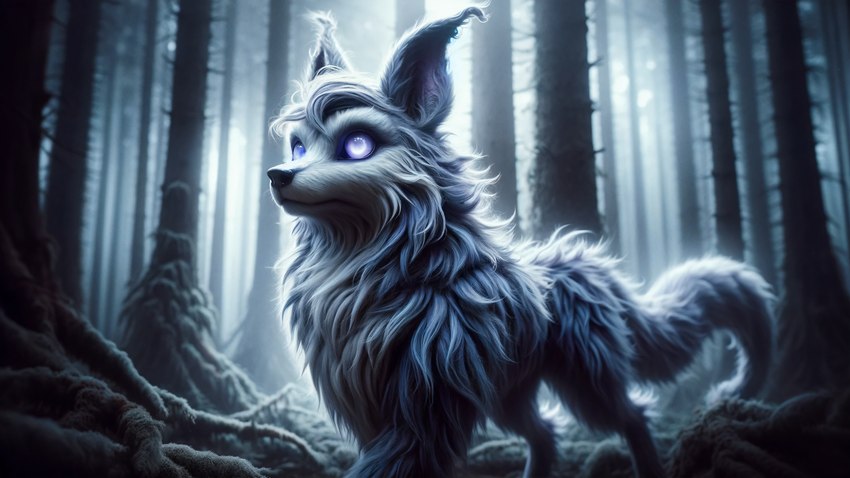 ambiguous_gender dall-e_3 feral forest fur grey_body grey_fur nature plant purple_eyes quadruped solo tree floofymoff canid mammal 16:9 4k absurd_res hi_res wallpaper widescreen