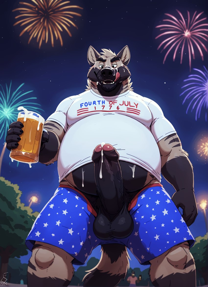 4th_of_july 5_fingers after_orgasm alcohol anthro balls beer belly beverage black_penis bodily_fluids bottomwear claws clothed clothing cum cum_on_belly cum_on_body cum_on_face erection fingers fireworks foreskin fur genital_fluids genitals holding_beverage holding_object humanoid_genitalia humanoid_penis leaking_cum licking licking_lips licking_own_lips looking_at_viewer looming low-angle_view male manly night open_shorts overweight overweight_male partially_clothed penis pubes public public_exposure self_lick shirt shorts smile smirk solo standing striped_body striped_fur stripes t-shirt tan_body tan_fur teeth tongue tongue_out topwear united_states_of_america vein veiny_penis fox1400 hyaenid mammal striped_hyena absurd_res hi_res portrait three-quarter_portrait watermark