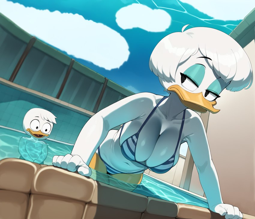 age_difference anthro beak big_breasts bikini black_eyes blue_eyeshadow breasts cleavage clothed clothing cloud covering detailed_background disney ducktales ducktales_(2017) duo dutch_angle eyebrows eyeliner eyeshadow female fence frown glistening hair half-closed_eyes leaning leaning_forward looking_back makeup male male/female narrowed_eyes navel orange_legs partially_submerged pool raised_eyebrows shadow short_hair sky swimming_trunks swimwear white_body white_hair white_skin wide_eyed young cloud9999 daisy_duck huey_duck anatid anseriform avian bird duck hi_res