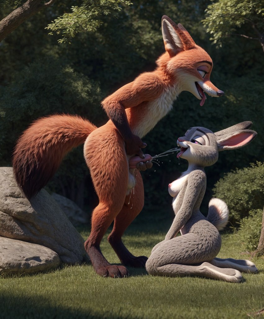 anthro bodily_fluids breasts drinking drinking_urine female genital_fluids genitals humanoid_genitalia humanoid_penis male male/female nude oral peeing penis urine urine_in_mouth urine_stream watersports zootopia judy_hopps nick_wilde canid canine fox lagomorph leporid mammal rabbit hi_res