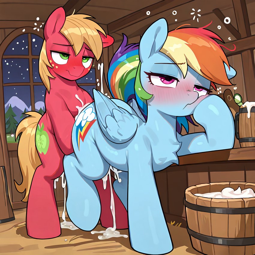 bar blue_body blush bodily_fluids bored_expression cum cum_drip cum_inside cutie_mark dripping drunk duo duo_focus ejaculation female feral fur furniture genital_fluids group hair inside male male/female multicolored_hair sex substance_intoxication wings girka my_little_pony big_macintosh_(mlp) rainbow_dash_(mlp) earth_pony equestrian equid equine horse mammal pegasus pony 1:1