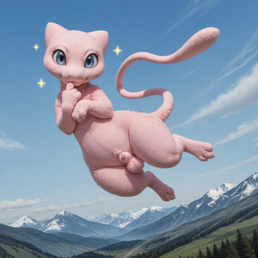 3_toes 4_fingers animal_genitalia anthro balls blue_eyes cloud detailed_fur feet fingers fluffy_balls flying front_view fur genitals looking_at_viewer male monotone_body monotone_fur mountains nature nature_background nude outside paws penis penis_tip pink_body pink_fur plant realistic sheath sky smile smiling_at_viewer solo sparkles tail thick_thighs toes tree wide_hips scalesai nintendo pokemon legendary_pokemon mew pokemon_(species) detailed hi_res