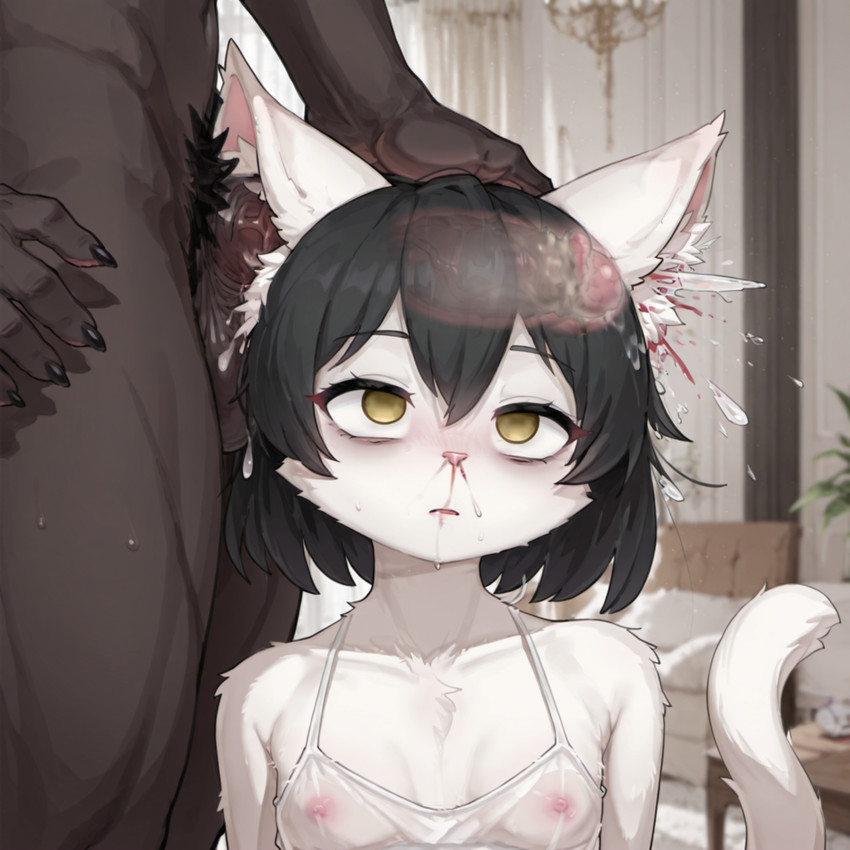 anthro balls black_hair blood bodily_fluids breasts clothed clothing cum death duo ear_penetration ear_tuft empty_eyes female fluffy_ears fur fur_tuft genital_fluids genitals gore hair hand_on_head holding_head inside interspecies male male/female nipples nosebleed nude penetration penis tail tail_up translucent translucent_clothing tuft white_body white_fur x-ray_view yellow_eyes kiyoka ver domestic_cat felid feline felis mammal invalid_tag hi_res