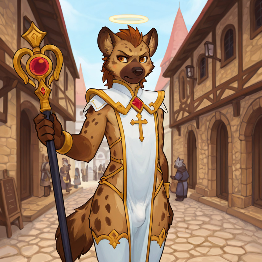 annoyed anthro bulge clothed clothing cross crossdressing dress footwear fur halo legwear looking_at_viewer male multicolored_body multicolored_fur pelvic_curtain pose priest socks solo_focus staff tail thigh_highs plapenjoyer hyaenid mammal spotted_hyena