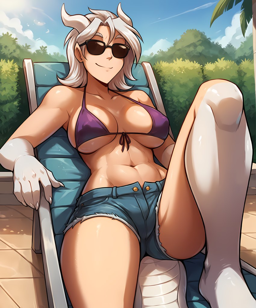 abs anthro big_breasts bikini bikini_top bottomwear breasts chair clothed clothing cutoffs denim denim_clothing eyewear female furniture hair horn midriff navel outside shorts smile solo sunglasses swimwear unbuttoned white_hair anontk twokinds lady_nora_(twokinds) humanoid keidran mammal hi_res