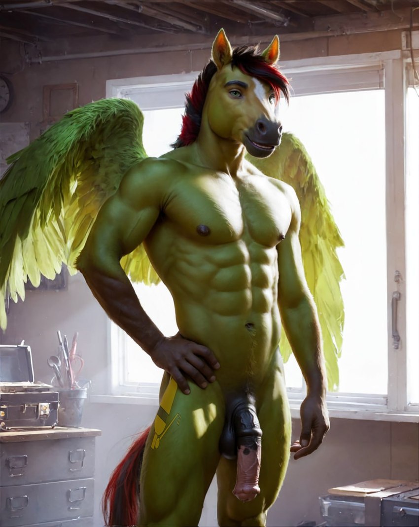 abs animal_genitalia animal_penis anthro equine_balls equine_genitalia equine_penis equine_tail genitals hands_on_hips male nipples penis solo standing window window_light wings k3y matt3985_(director) equid equine horse mammal pegasus hi_res