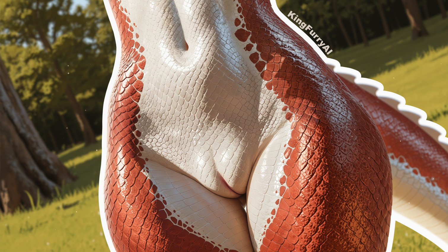 anthro female forest forest_background front_view multicolored_body nature nature_background navel outline plant pussy_focus red_body red_scales scales solo tree two_tone_body white_body white_outline white_scales kingfurryai kobold reptile scalie hi_res