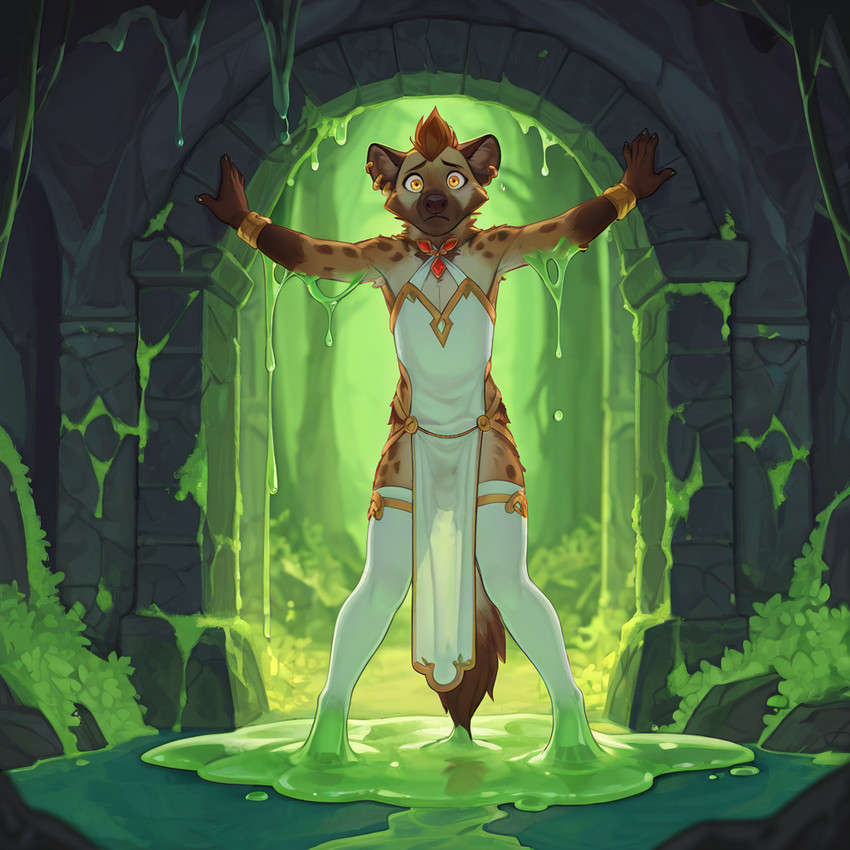 anthro bulge cave clothed clothing crossdressing dress footwear fur legwear looking_at_viewer male moss multicolored_body multicolored_fur pelvic_curtain plant priest scared slime socks solo stuck tail thigh_highs translucent translucent_clothing plapenjoyer hyaenid mammal spotted_hyena