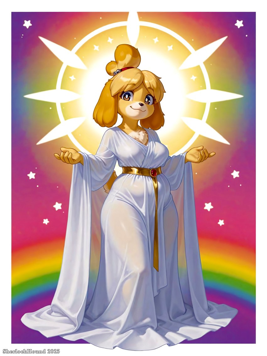 anthro belly breasts brown_eyes clothing curvy_figure dress fat_rolls female floppy_ears fur gown psychedelic rainbow slightly_chubby solo squish tail thick_thighs voluptuous yellow_body sherlock_hound_(director) animal_crossing nintendo isabelle_(animal_crossing) angel canid canine canis domestic_dog mammal shih_tzu toy_dog detailed hi_res shaded soft_shading