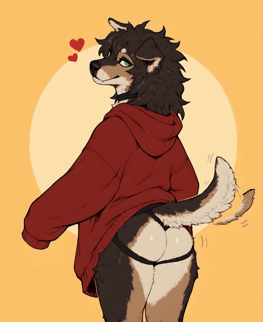 abstract_background ambiguous_gender anthro baggy_clothing bedroom_eyes brown_body brown_fur butt choker clothed clothing eyeliner floating_heart floppy_ears fur green_eyes half-closed_eyes hoodie jewelry jockstrap looking_at_viewer makeup multicolored_body multicolored_fur narrowed_eyes necklace red_clothing seductive simple_background smile smiling_at_viewer solo tail tail_motion tailwag tan_body tan_fur teasing teasing_viewer topwear underwear shotgun_(director) blizzard_entertainment warcraft canid canine canis mammal werecanid werecreature wolf worgen hi_res