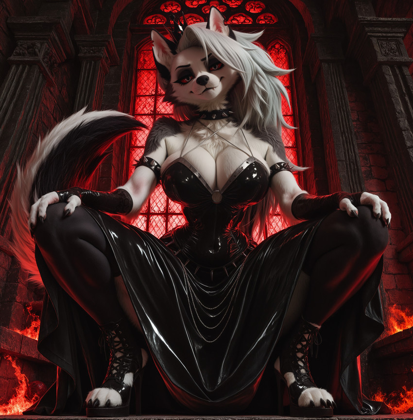 anthro armband armlet backlighting bangs bare_shoulders black_body black_clothing black_dress black_footwear black_fur black_gloves black_handwear black_lips black_nails black_thighhighs body_fur breasts church claws cleavage clothed clothing collar collarbone colored_nails crouching crown dress eyeliner eyeshadow female fingerless_gloves fire footwear fur glistening glistening_clothing gloves gothic hair half-closed_eyes hand_on_knee hand_on_leg hand_on_own_knee hand_on_own_leg handwear head_tilt high_heels inside jewelry large_breasts legwear light lips long_hair looking_at_viewer makeup mouth_closed multicolored_body multicolored_fur nails narrowed_eyes o-ring red_eyes red_sclera sleeveless sleeveless_dress smile solo spiked_armband spiked_collar spikes spread_legs spreading stained_glass tail thick_thighs thigh_highs two_tone_body two_tone_fur white_body white_fur white_hair window wolf_tail mira_koks helluva_boss loona_(helluva_boss) full-length_portrait hi_res lighting portrait