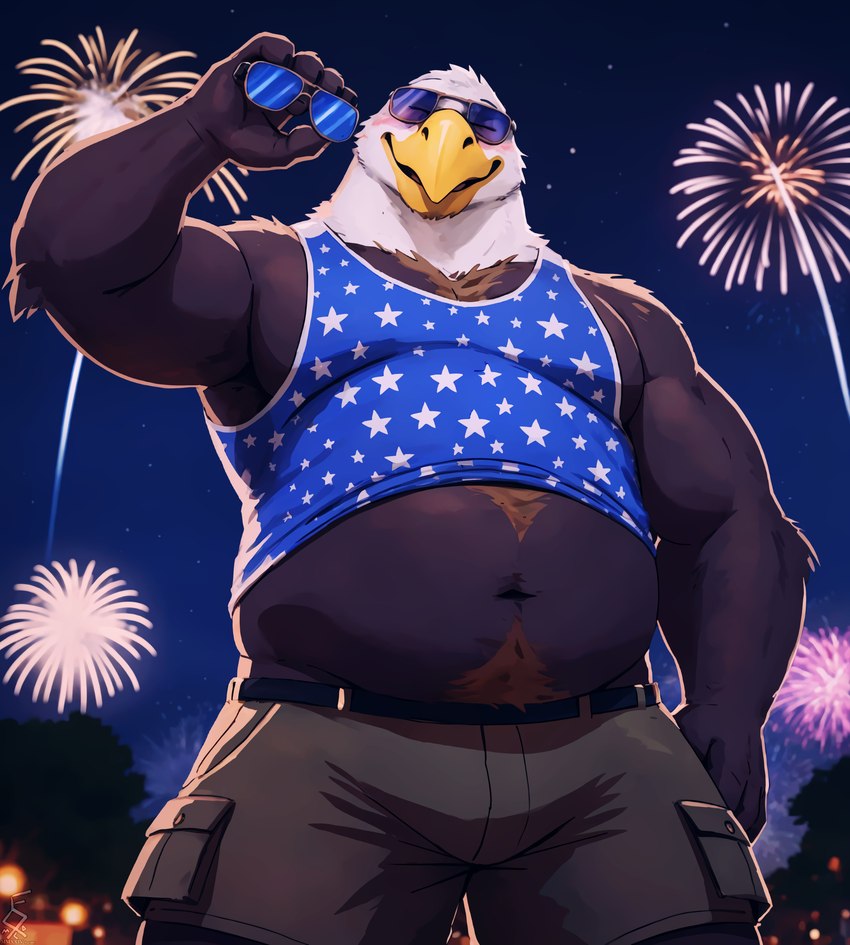 4th_of_july 5_fingers anthro beak belly belt blurred_background blush body_hair bottomwear brown_body cargo_shorts clothing eyes_closed eyewear fingers fireworks happy_trail low-angle_view male manly midriff musclegut muscular muscular_male navel night outside shirt shorts slightly_chubby smile solo standing sunglasses tank_top topwear white_body yellow_beak fox1400 accipitrid accipitriform avian bald_eagle bird eagle sea_eagle absurd_res hi_res portrait three-quarter_portrait watermark