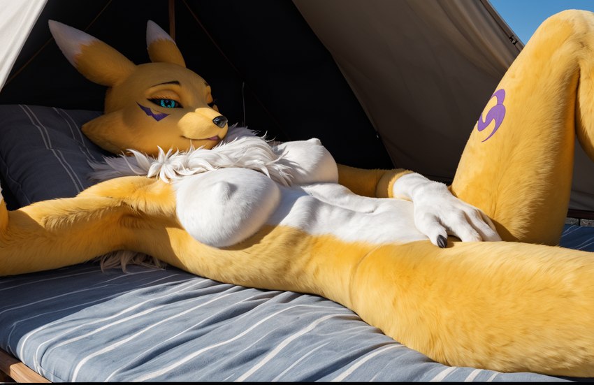 anthro blue_eyes breasts female fingering fingering_self fur hand_on_pussy leg_up looking_pleasured lying masturbating masturbation nude on_back solo white_body white_fur yellow_body yellow_fur zannos digimon_(species) renamon