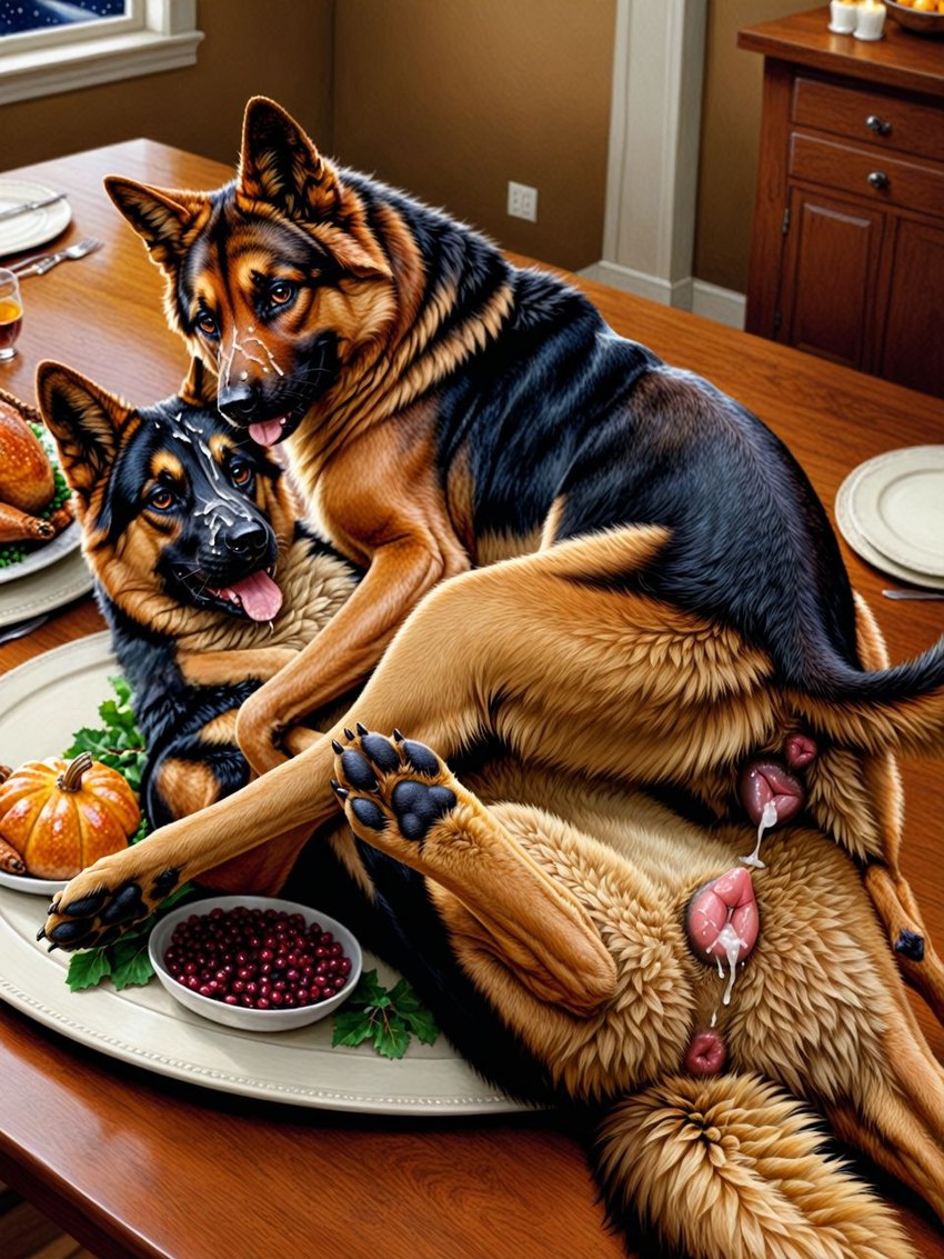 anatomically_correct anatomically_correct_genitalia anatomically_correct_pussy animal_genitalia animal_pussy anus bodily_fluids canine_genitalia canine_pussy cum cum_in_pussy cum_inside cum_on_face duo female female/female feral genital_fluids genitals looking_at_viewer paws pussy thanksgiving goldendog canid canine canis domestic_dog german_shepherd herding_dog mammal pastoral_dog hi_res