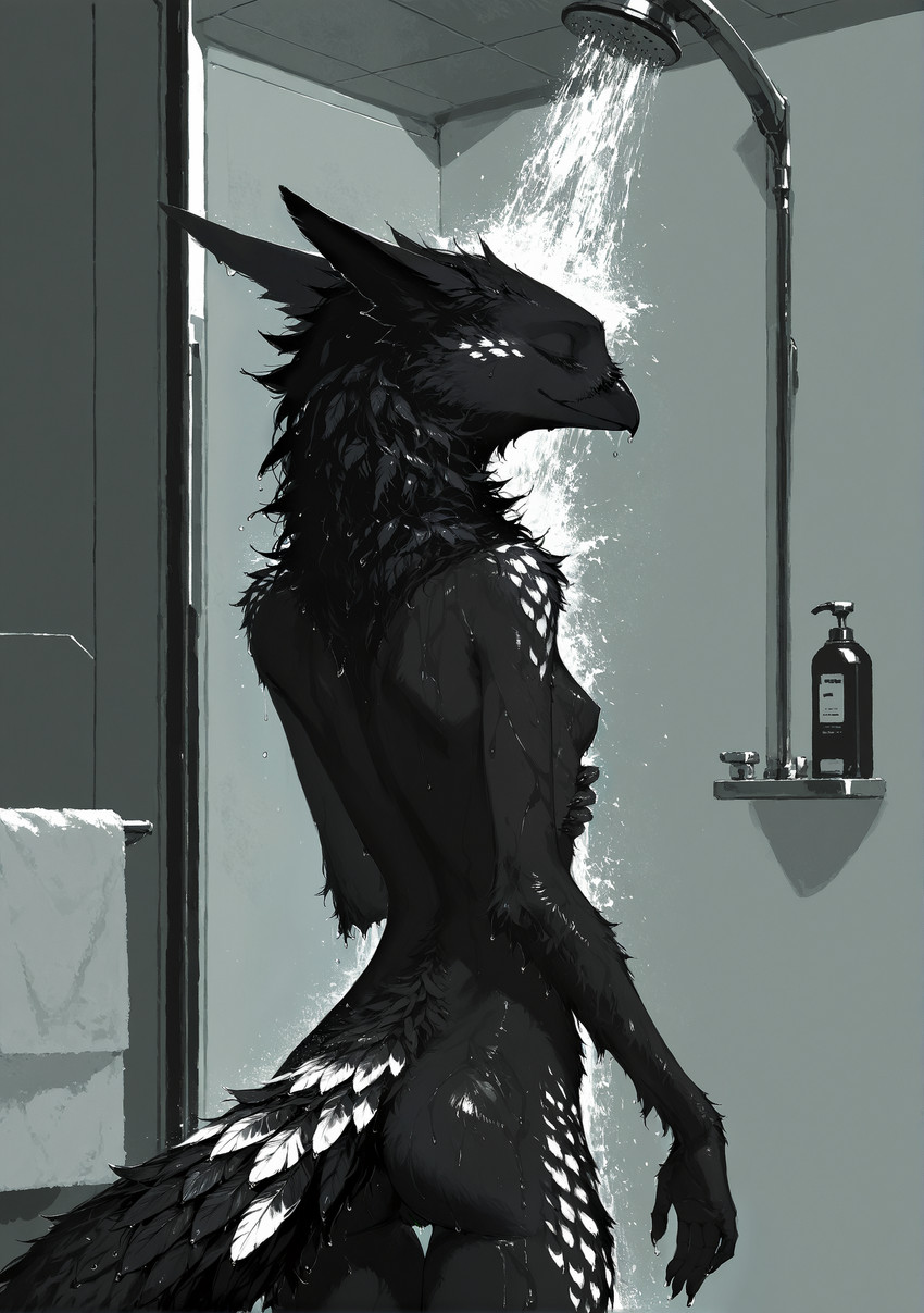 5_fingers anthro barely_visible_genitalia barely_visible_pussy beak black_body black_fur breasts butt claws dripping_wet eyes_closed feathers female fingers fluffy fur genitals neck_tuft nude pussy rear_view relaxed shower showering slim small_breasts solo spots spotted_body spotted_fur thigh_gap towel tuft water wet wet_body wet_fur oldhroft shadow_(oldhroft) avian velari hi_res