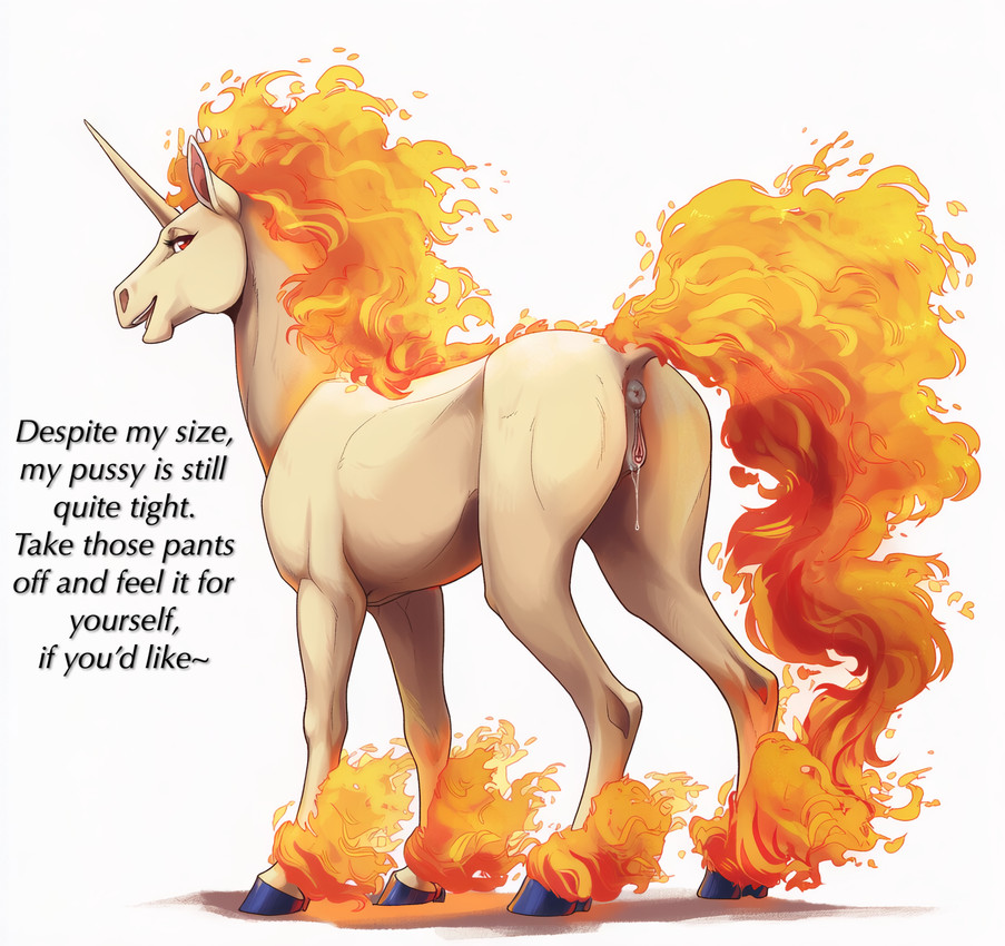 animal_genitalia animal_pussy anus bodily_fluids clitoral_winking clitoris dialogue equine_pussy female feral fire fur genital_fluids genitals horn inviting_to_sex looking_at_viewer looking_back pussy pussy_juice rear_view red_eyes side_view simple_background solo standing text white_background lightning7 nintendo pokemon equid equine generation_1_pokemon mammal pokemon_(species) rapidash english_text hi_res