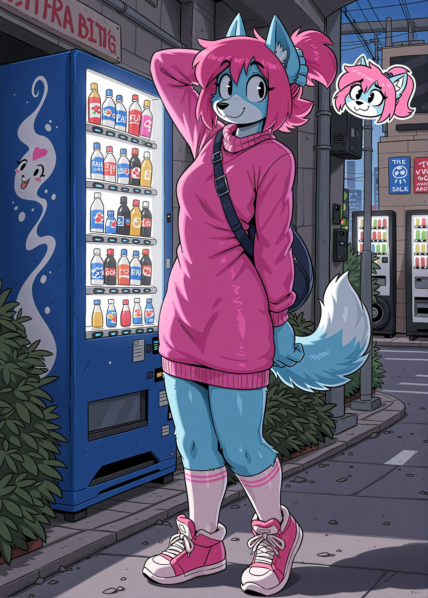 anthro bag bangs blue_body blue_fur city cityscape clothing debris detailed_background female fluffy footwear fur hair hand_on_head outline outside pink_hair plant ponytail poster_(object) shoes short_hair sneakers socks solo standing sweater_dress three-quarter_view vending_machine holo_(director) canid canine canis domestic_dog mammal absurd_res detailed hi_res