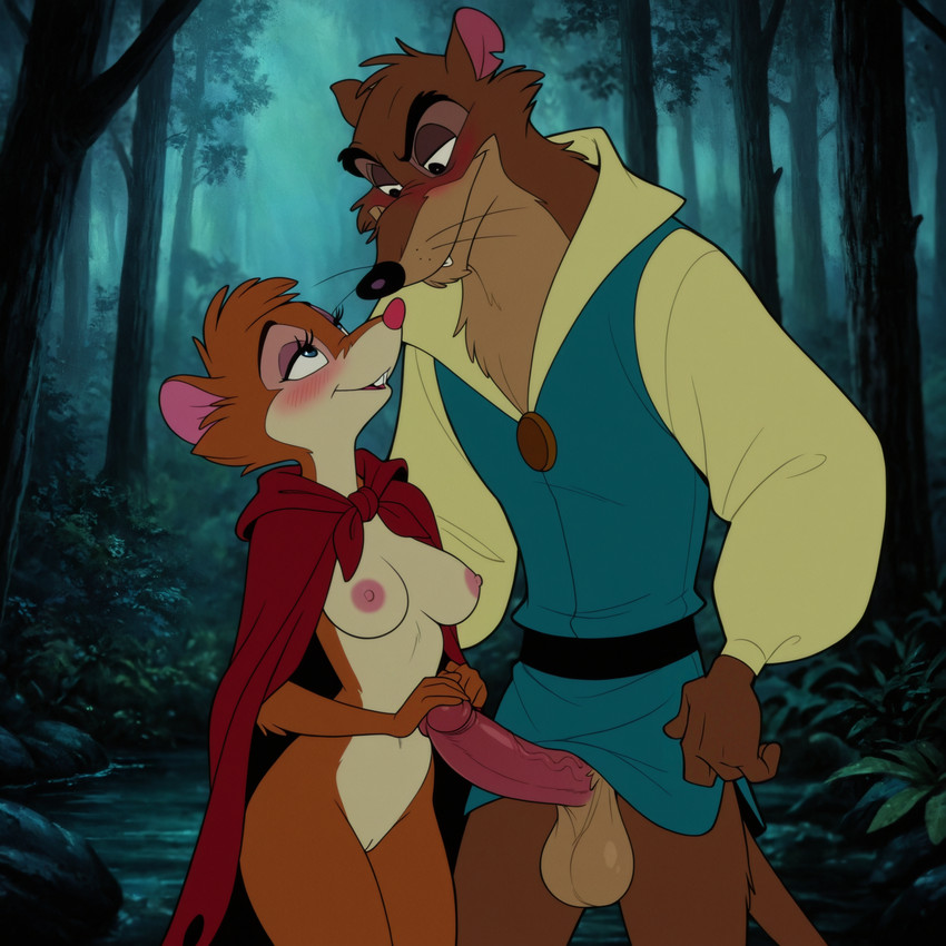 anthro anthro_on_anthro areola balls bedroom_eyes big_balls big_penis black_eyes black_nose blue_clothing blush bottomless bottomless_anthro bottomless_male breasts brown_body brown_fur brown_genitals buckteeth cape clothed clothed_anthro clothed_male clothing detailed_background duo erection eye_contact eyelashes female female_anthro fingers forest fur genitals glans green_clothing half-closed_eyes hand_on_penis humanoid_genitalia humanoid_penis imminent_sex larger_male looking_at_another looking_at_genitalia looking_at_penis looking_down looking_up male male/female male_anthro monotone_balls monotone_genitals mostly_nude multicolored_body multicolored_fur narrowed_eyes nature nature_background night nipples notched_ear outside partially_clothed penis pink_areola pink_genitals pink_nipples pink_nose pink_penis plant pussy red_clothing seductive shirt size_difference smaller_female smile standing tail tan_body teeth topwear touching_penis tree tuft two_tone_body two_tone_fur vein veiny_penis whiskers yellow_clothing gridanon justin_(nimh) mrs._brisby brown_rat mammal mouse murid murine rat rodent wood_mouse detailed hi_res stable_diffusion