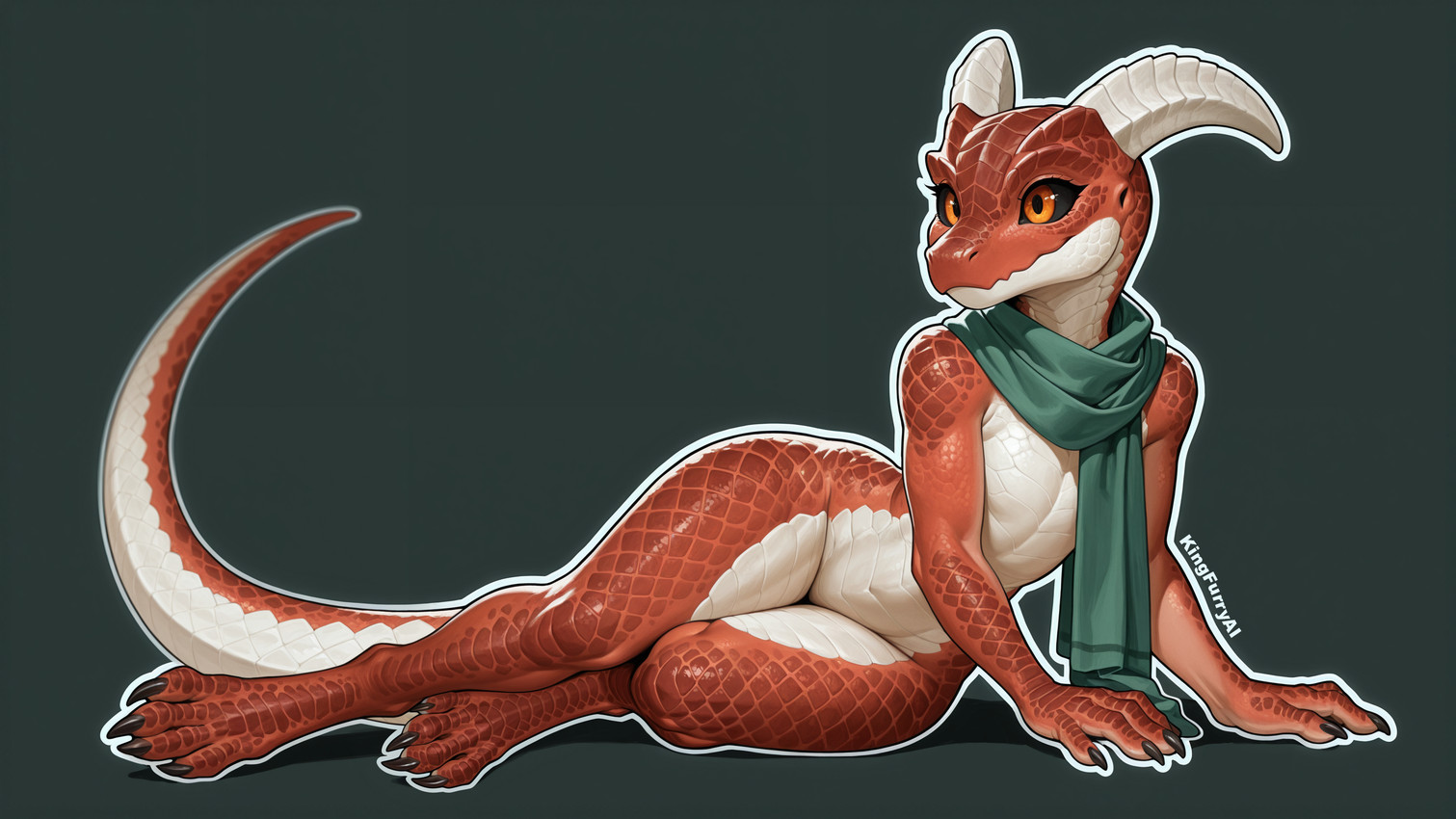 ambiguous_gender anthro black_claws black_sclera claws digitigrade flat_chested green_scarf horn lying lying_on_side mouth_closed multicolored_body on_side orange_eyes outline raised_tail red_body red_scales relaxed scales scarf simple_background small_waist solo tail two_tone_body white_body white_horn white_outline white_scales wide_hips kingfurryai kobold reptile scalie hi_res