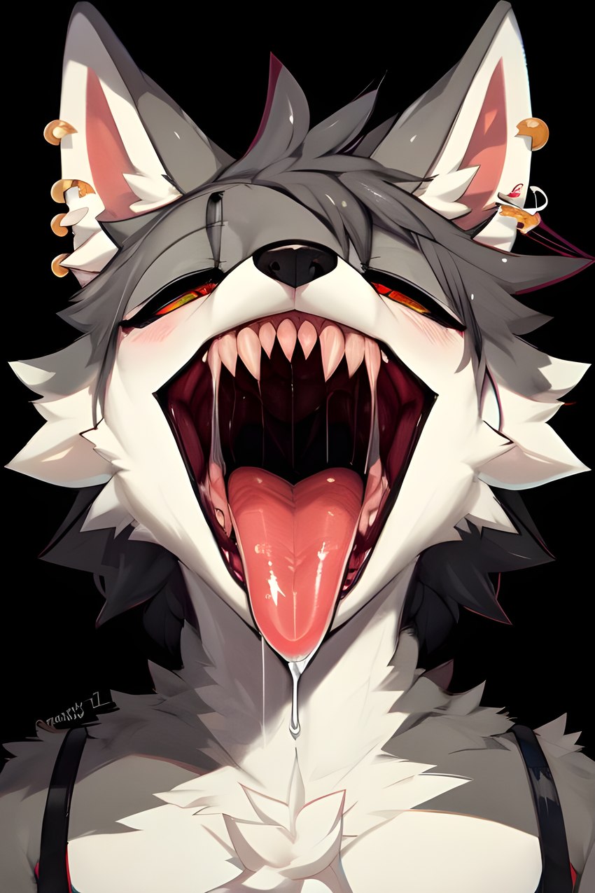 anthro clothed clothing denim denim_clothing fur hair looking_at_viewer looking_pleasured male open_mouth smile solo solo_focus teeth teeth_showing vore white_body white_fur nikfur canid canine canis mammal wolf absurd_res hi_res