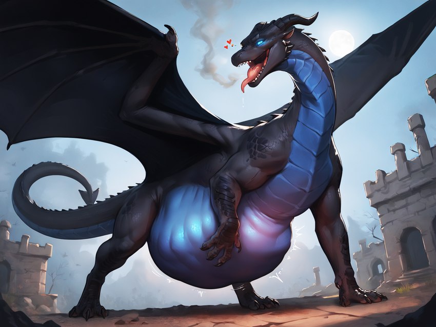 <3 after_vore belly big_belly black_body black_scales blue_eyes bodily_fluids breath_cloud claws day detailed_scales drooling feral glowing glowing_eyes hand_on_stomach horn male open_mouth ruins saliva scales solo spade_tail spread_wings sun vore wings loganth dragon detailed