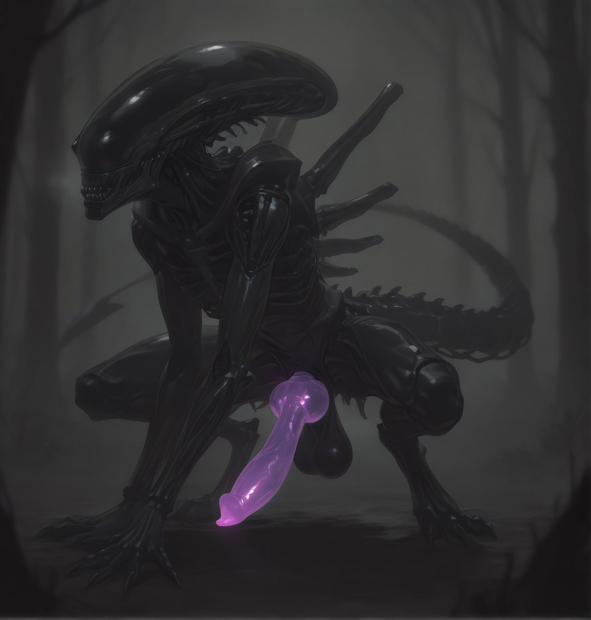 animal_genitalia animal_penis anthro balls big_balls black_body canine_genitalia canine_penis comfyui exoskeleton forest forest_background genitals glowing glowing_genitalia glowing_penis huge_balls knot looking_away male nature nature_background on_all_fours penis plant purple_penis sitting_on_ground solo solo_focus tail tree cumsluteater3_(director) alien_(franchise) alien xenomorph absurd_res hi_res