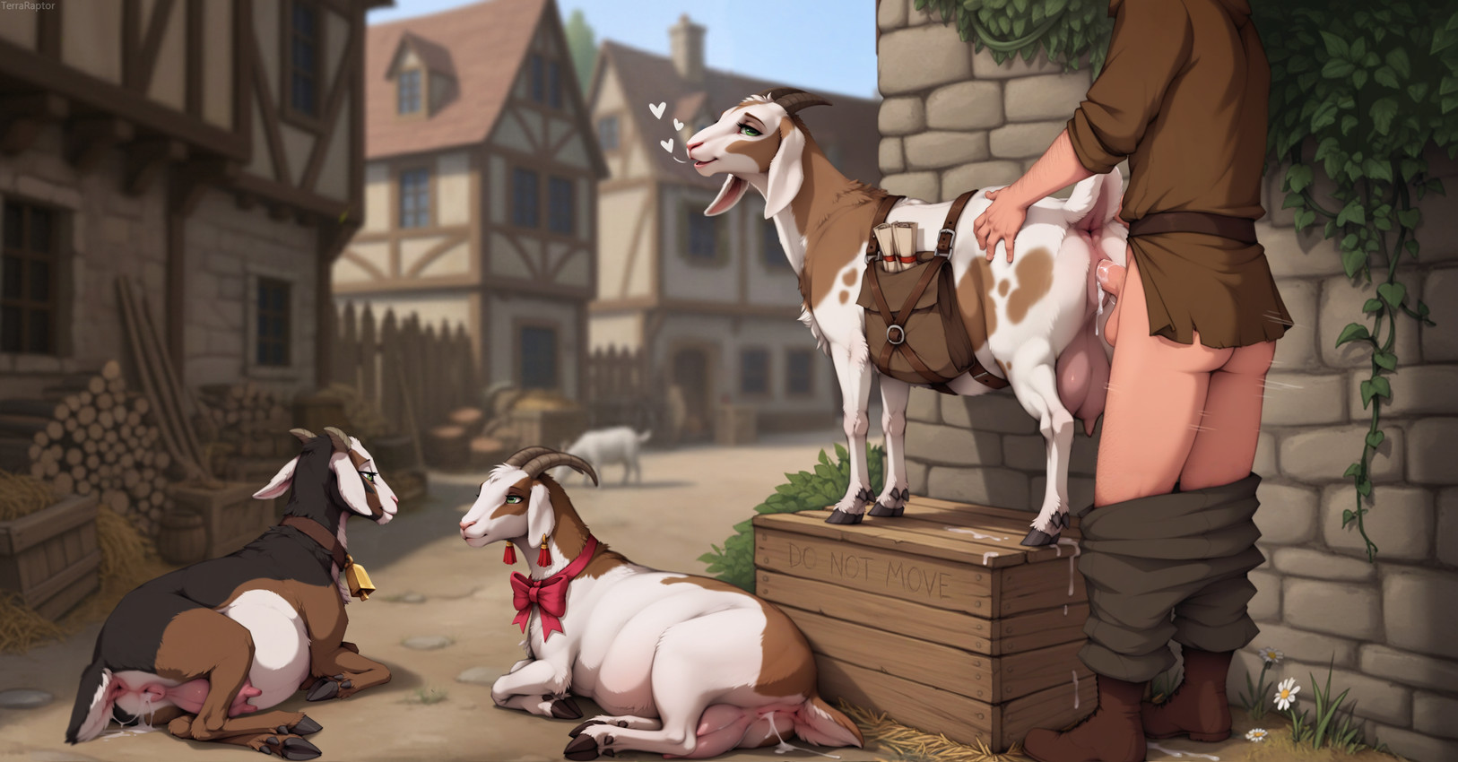 5_fingers <3 after_sex anus balls bell bell_collar belt bestiality bodily_fluids boots bottomwear bottomwear_down bow_ribbon city city_background clothed clothed_sex clothing cloven_hooves collar collar_only cowbell crate cum cum_drip cum_from_pussy cum_in_pussy cum_inside cum_on_ground cum_string dripping ear_piercing ear_ring faceless_character faceless_male female female_feral female_focus feral feral_penetrated fingers footwear from_behind_position fur genital_fluids genitals group hand_on_butt happy happy_sex hooves horizontal_pupils horn human_on_feral human_penetrating human_penetrating_feral interspecies lying male male/female male_human male_on_feral medieval multicolored_body multicolored_fur nude on_ground on_side pants pants_down partially_clothed penetration penile penile_penetration penis penis_in_pussy piercing pupils pussy quadruped ring_piercing satchel sex standing standing_sex teats text town tunic two_tone_body two_tone_fur udders vaginal vaginal_penetration terraraptor world_of_midria bovid caprine domestic_goat goat human mammal nubian_goat director_name english_text hi_res