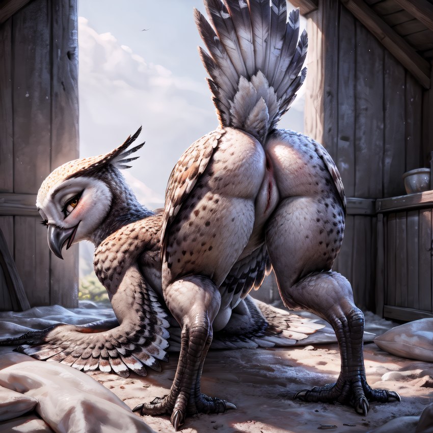 4_toes anthro anus ass_up beak bedroom_eyes bird_feet bird_legs feathered_crest feathered_wings feathers feet female genitals head_crest looking_at_viewer looking_back narrowed_eyes presenting presenting_pussy pussy raised_tail scuted_legs scutes seductive solo tail_feathers talons toes winged_arms wings zygodactyl birdlover avian bird bubo_(genus) owl snowy_owl true_owl absurd_res hi_res