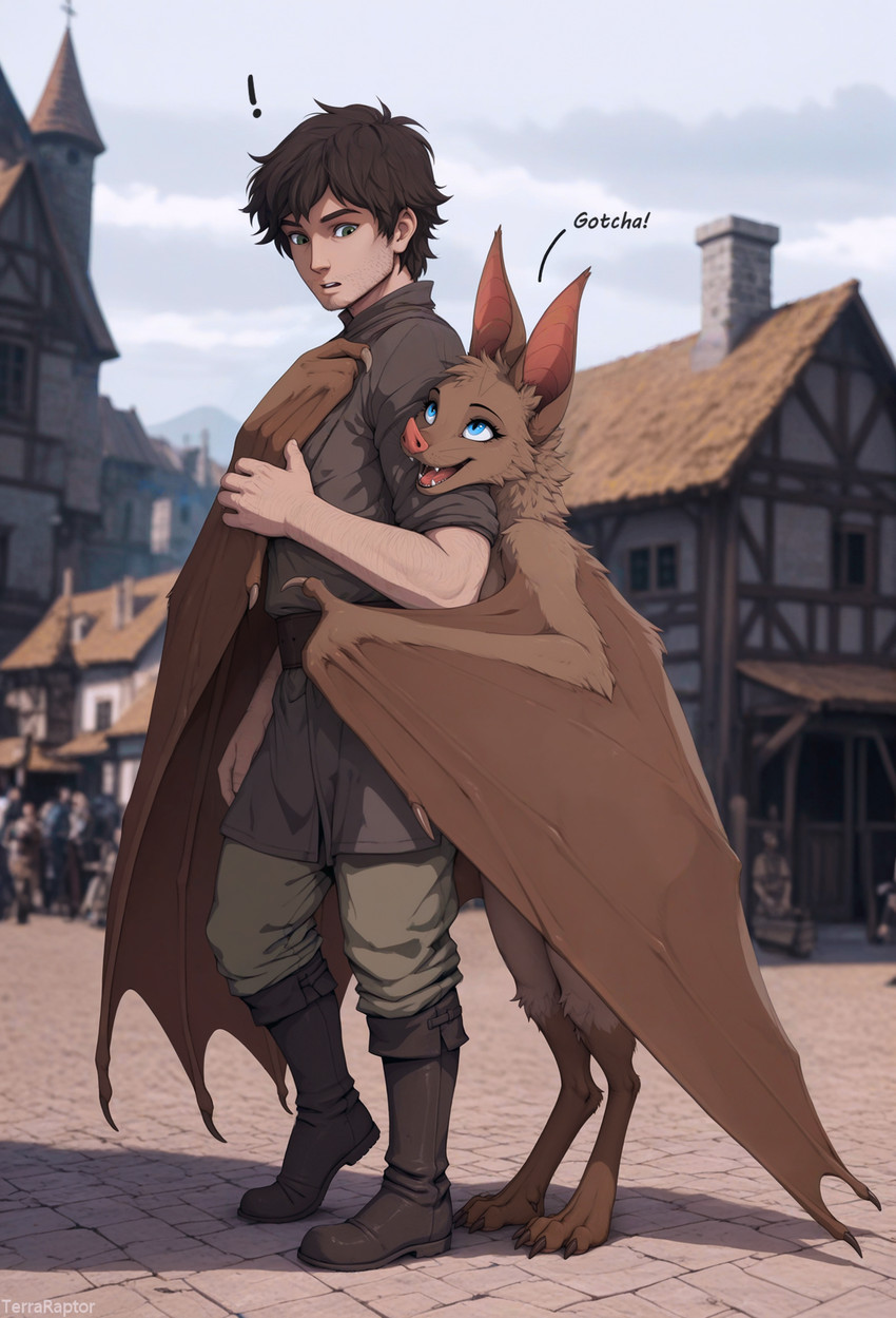 anthro bat_ears bat_nose blue_eyes boots brown_body brown_fur brown_hair city city_background clothed clothed/nude clothed_male_nude_female clothing duo duo_focus embrace female footwear fur group hair hug hugging_from_behind human_on_anthro interspecies larger_male looking_at_another male male/female medieval nude open_mouth size_difference smaller_female smile stubble surprise text town tunic using_wings whiskers wing_hug winged_arms wings terraraptor bat human mammal hi_res